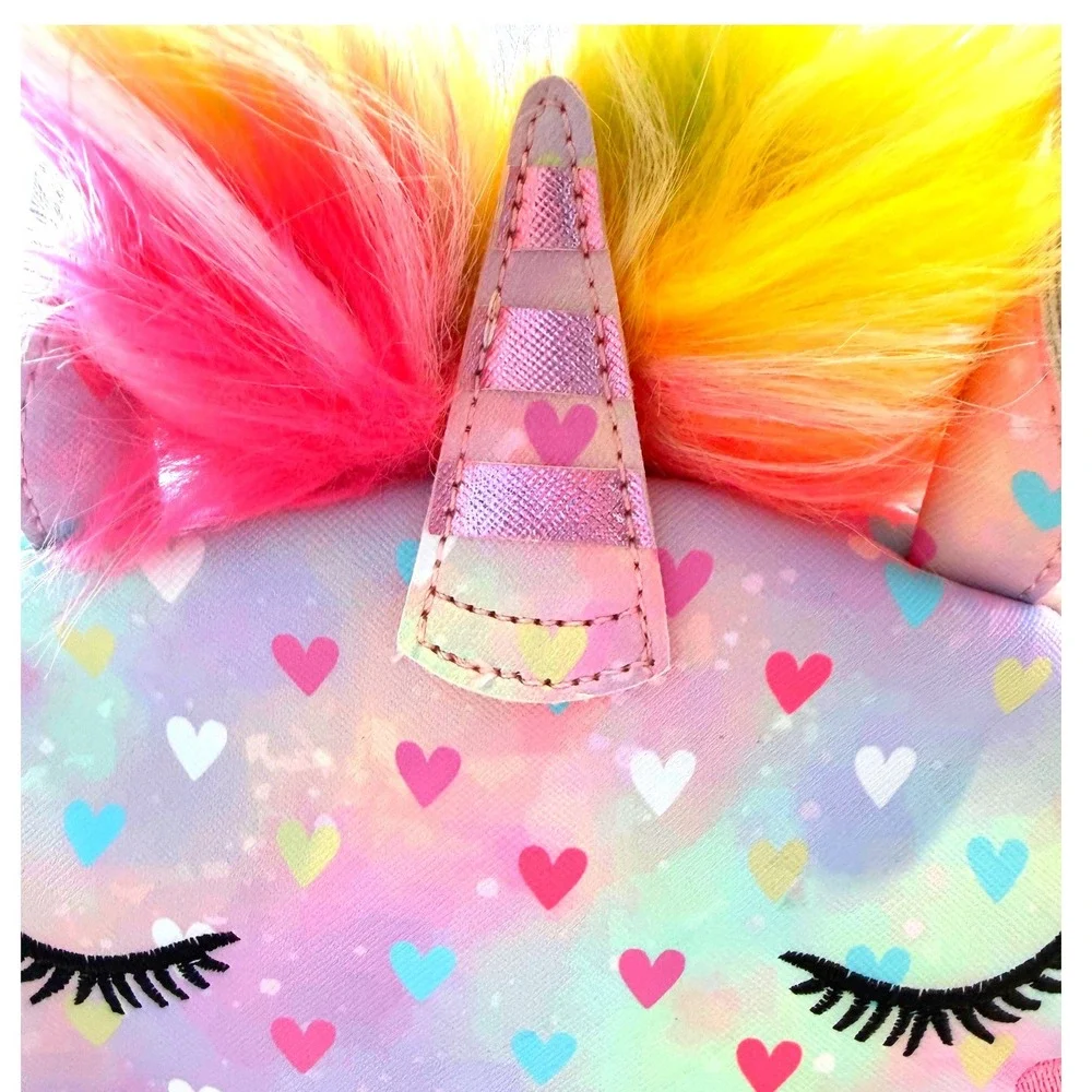 Under One Sky Unicorn Mini Backpack Pastel Heart Tie Dye Faux Fur Mane Pink
